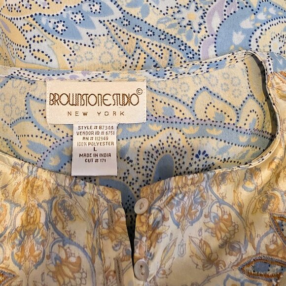 Brownstone Studio Blue & Tan Paisley Designed Long Sleeve Elegant Tunic Blouse - Picture 4 of 5